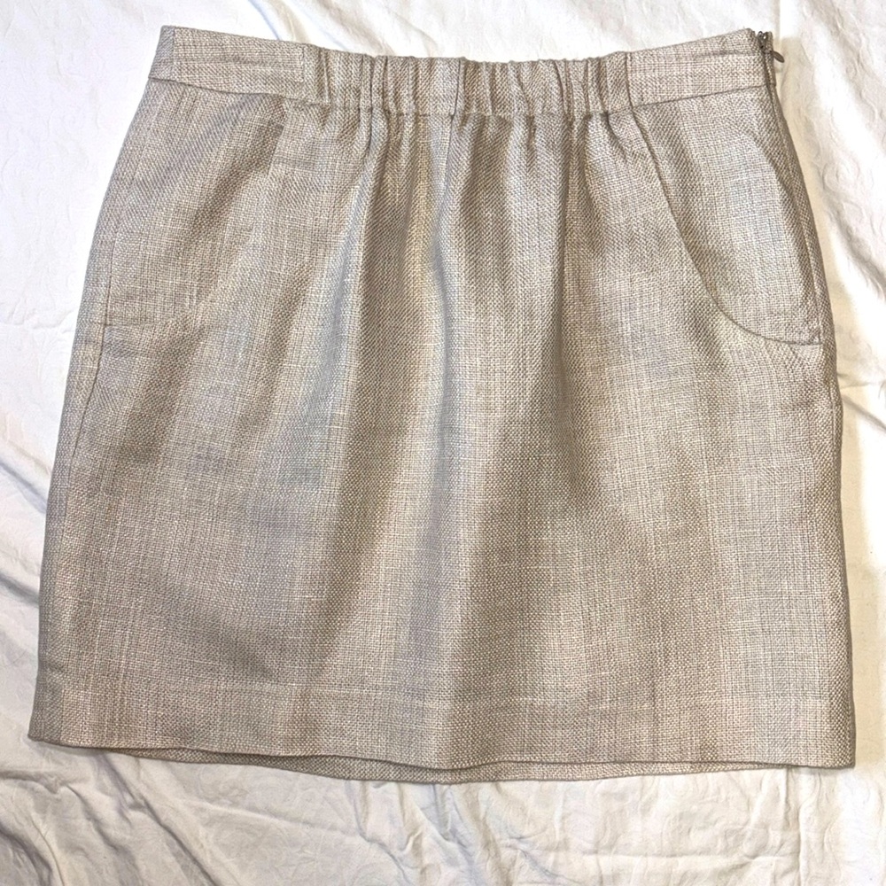 Ann Taylor Loft Linen Mini Skirt, Pockets, Metallic Silver Gathered Front, EUC 6